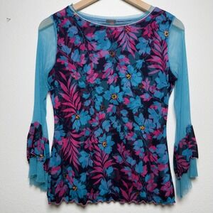 ANAC Women Mesh Rave Top Large Top Blue Floral Bell Sleeve Sheer Festival Fairy